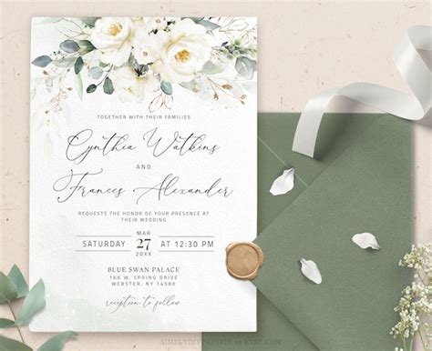 White Floral Wedding Invitation Template Download Ivory White - Etsy