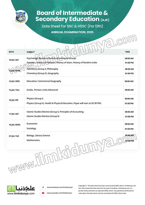 BISE AJK Board Inter Date Sheet 2021 Part 1, 2