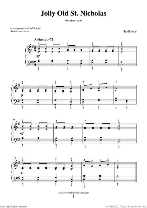 Jolly Old St. Nicholas sheet music for piano solo (PDF)