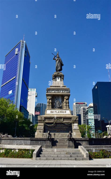 Cuauhtemoc statue in Mexico City, Mexico. He was the Aztec ruler ...