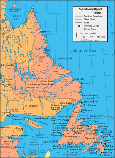 Newfoundland and Labrador Map & Satellite Image | Roads, Lakes, Rivers ...