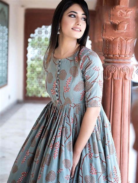 Light Steel Blue Muslin Printed Anarkali Long Kurti # ...