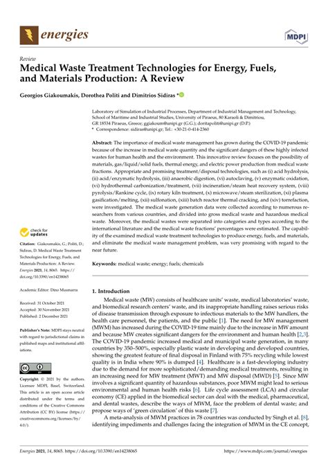 (PDF) Medical Waste Treatment Technologies for Energy, Fuels, and ...