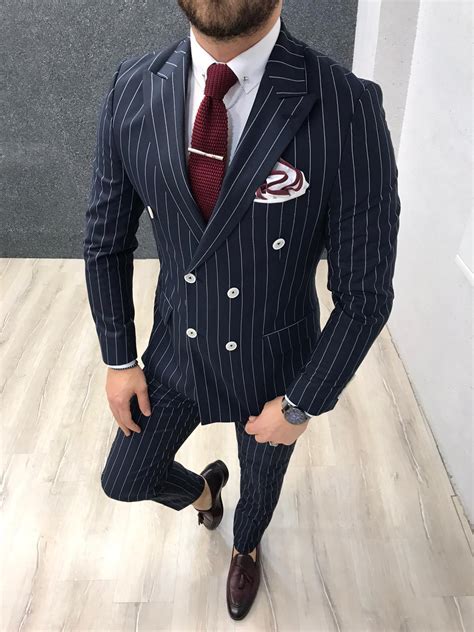 Buy Blue Slim Fit Double Breasted Pinstripe Suit by GentWith.com