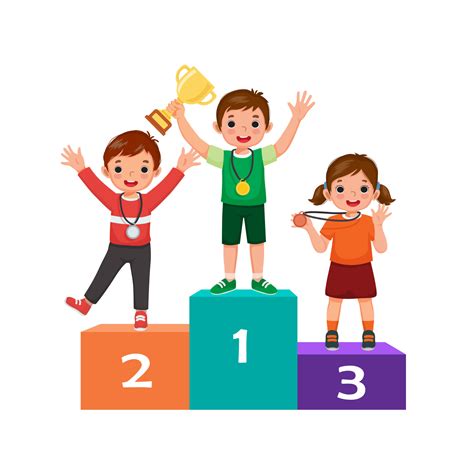 Kids with medals holding gold cup trophy standing on winners podium or ...