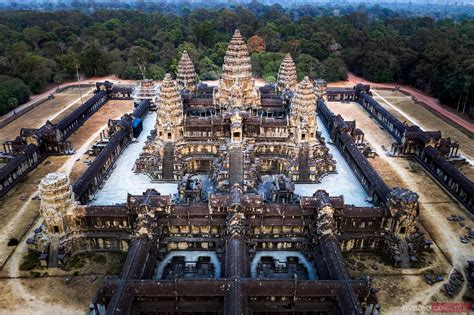 - Aerial view of Angkor Wat temple complex at sunset, Cambodia ...