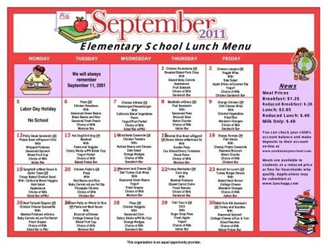 Elementary School Lunch Menu