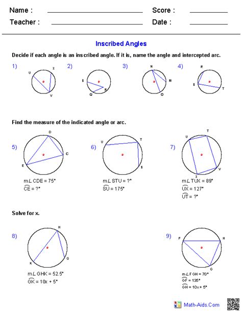 Inscribed Angles Worksheets | Math-Aids.Com | Pinterest | Worksheets ...