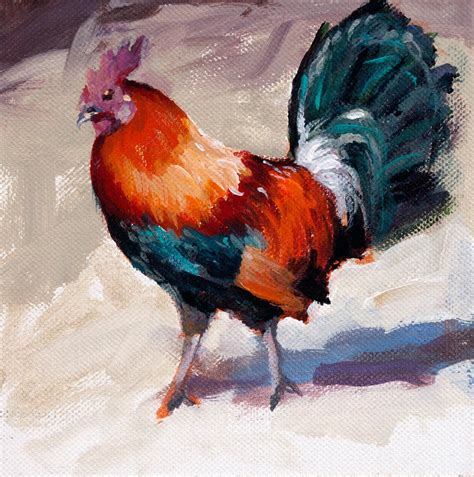 John K. Harrell Fine Art : Colorful Rooster Acrylic 6 x 6 Original Painting