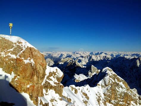 Zugspitze Snow Mountains with Summit Cross in Alps at Winter, Germany ...