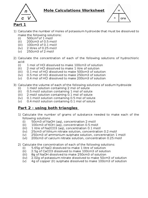 Mole Calculations Worksheet