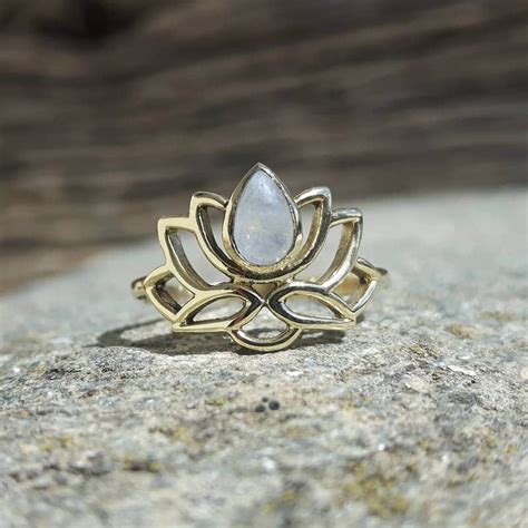 Golden lotus flower and moonstone ring - OMYOKI - designer jewelry