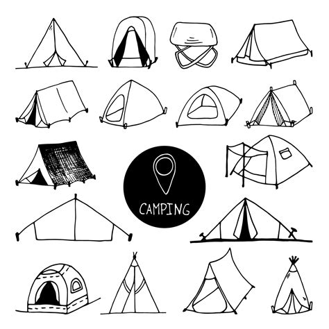 Big hand drawn vector camp tent clip art set. Isolated on white ...