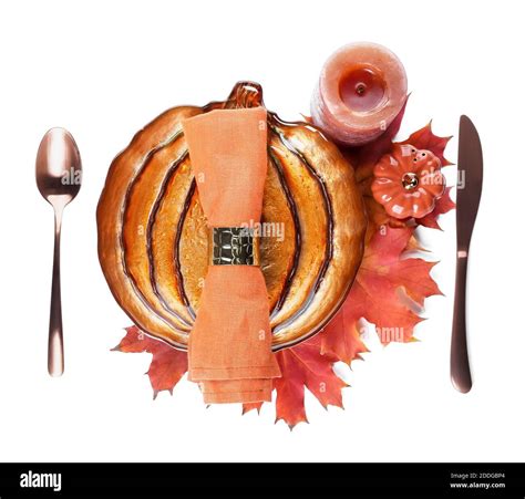 Beautiful table setting for Thanksgiving Day celebration on white ...