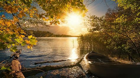 HD wallpaper: boat, autumn, river, landscape, sunbeam, sunray, sunshine ...