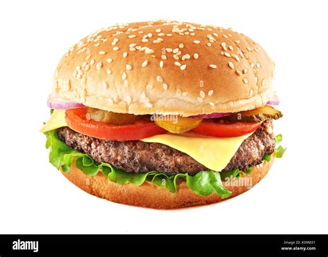 Classic cheeseburger isolated on white background. Front view Stock ...