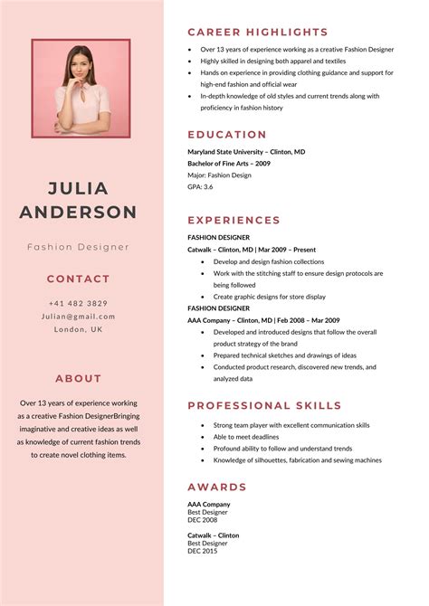 Free Fashion Designer Resume Template | Resume design, Resume design ...