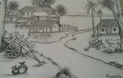 Village life Scenery Drawing Pencil, Pencil Sketches Landscape, Pencil ...