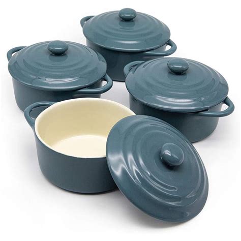 Kook Mini Cocotte Casserole Dishes with Lids, 12 oz, Set of 4, Stone ...