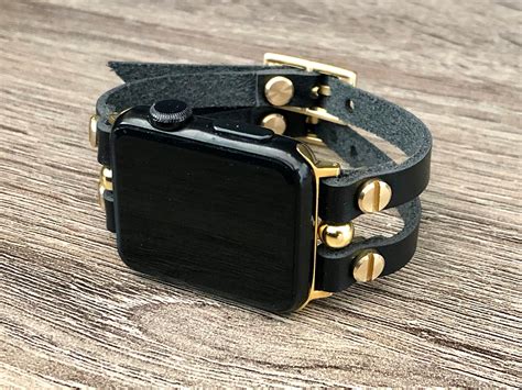 SALE! Black Leather & Gold Apple Watch Band 38mm 40mm 41mm 42mm 44mm ...