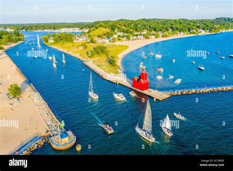 Aerial view of the Holland Harbor Lighthouse, Big Red Lighthouse, at ...