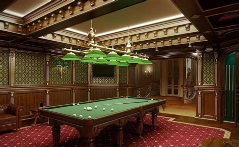 classic-billiard-design-room-with-large-lighting-over-pool-table-and ...