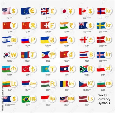 Symbols world money with national county flags. Vector currency ...