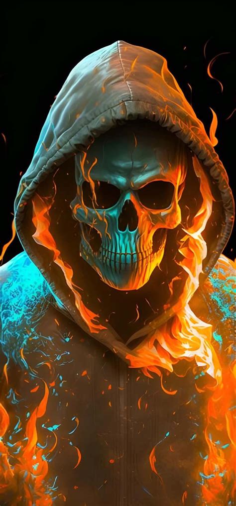 a skull wearing a hooded jacket with flames around it's face and hoodie