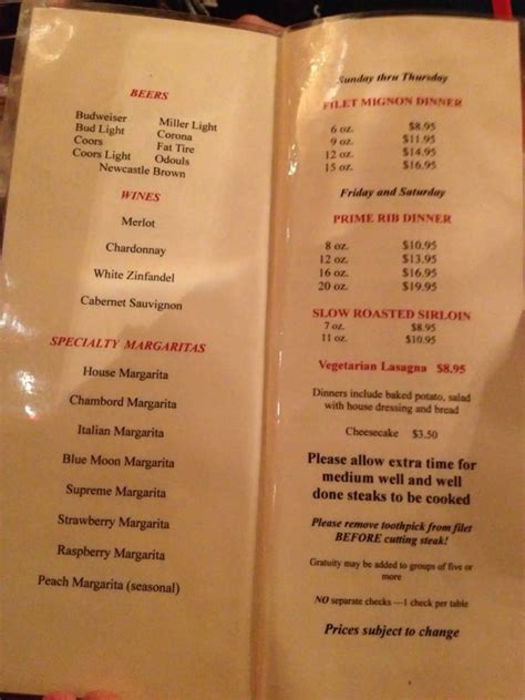 Menu at Quincys Steak & Spirits steakhouse, Leadville