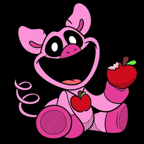 a pink cartoon character holding an apple