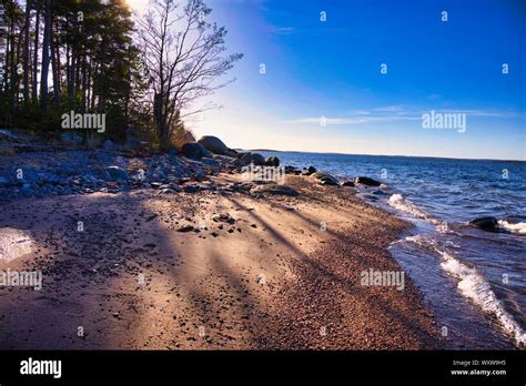 Sunlight and shadow in winter on beach on island of Sandhamn in the ...