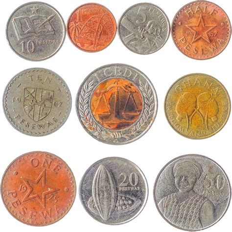 10 Ghana Coins 1 Pesewa – 1 Cedi. Old Coins Collection From West Africa ...