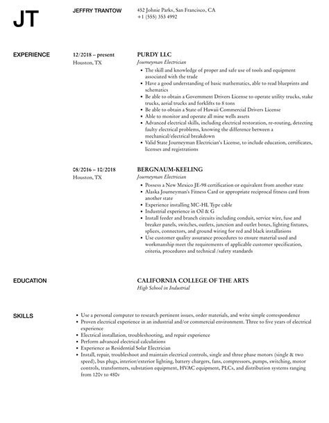 Journeyman Electrician Resume Samples | Velvet Jobs