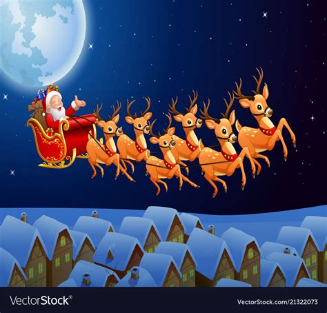 Santa claus riding his reindeer sleigh flying in t