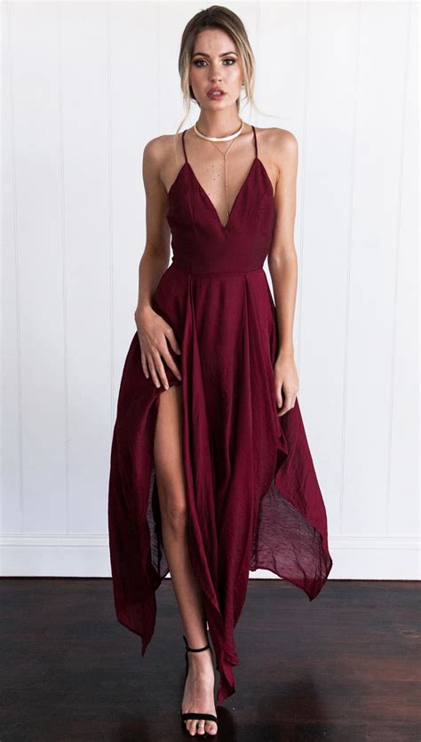 New Arrival Cross Back Wine Red Assymetrical hem Long Prom/Evening ...