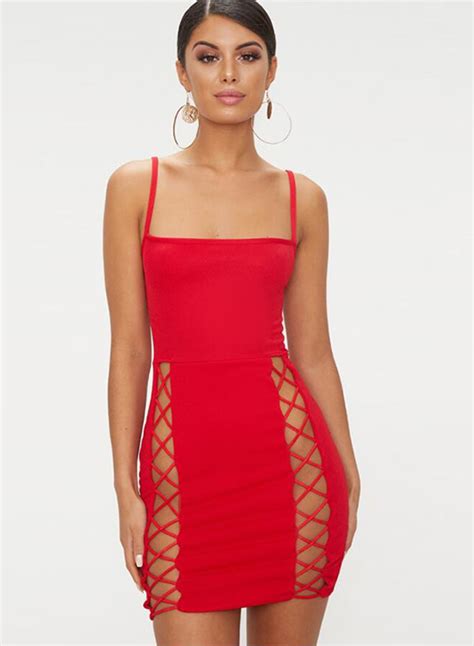 Red Sexy Spaghetti Strap Off The Shoulder Lace-up Bodycon dress ...