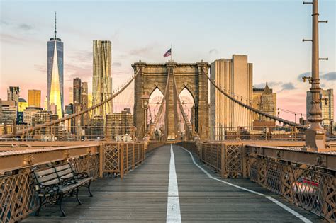 Brooklyn Bridge And Lower Manhattan At Sunrise New York City Stock ...