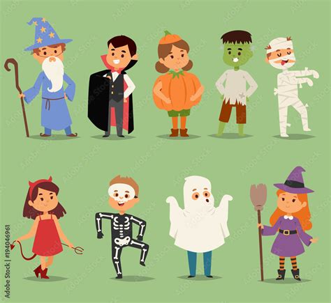 Cartoon cute kids wearing Halloween costumes vector characters. Little ...