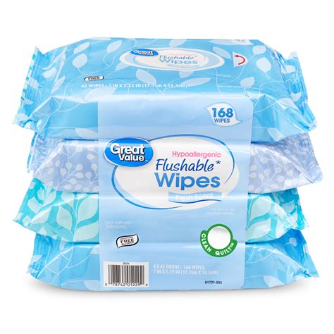 Great Value Flushable Wet Wipes, Fresh Scent, 4 Packs of 42 Wipes, 168 ...