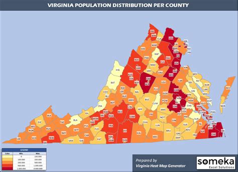 Virginia County Map and Population List in Excel