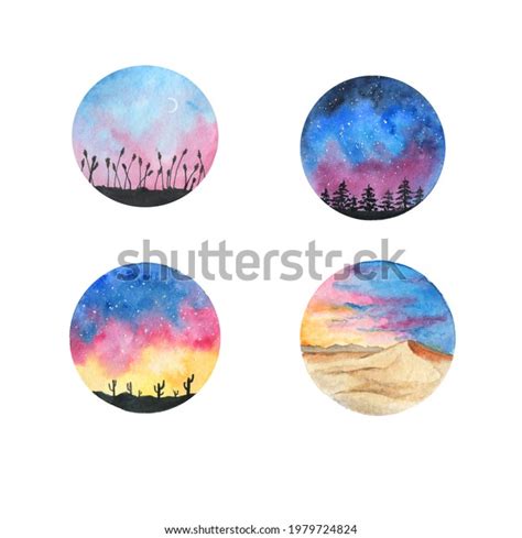 Watercolor Clipart Nature Circle Geometric Landscape Stock Illustration ...