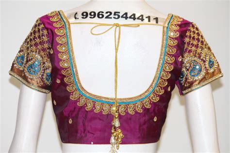 Mango design aari work on purple silk blouse | Fabloon | Blouse designs ...