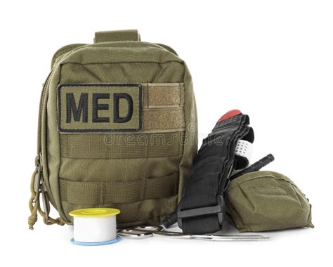 Military First Aid Kit with Items Isolated on White Stock Image - Image ...