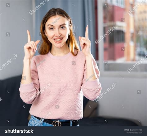 Portrait Emotional Girl Pointing Her Finger Stock Photo 2137444409 ...