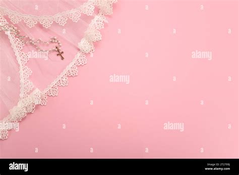 Christening background with baptism baby dress and cross on pink ...