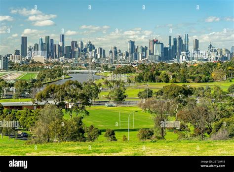 Melbourne, Australia - City skyline view as seen from Maribyrnong ...