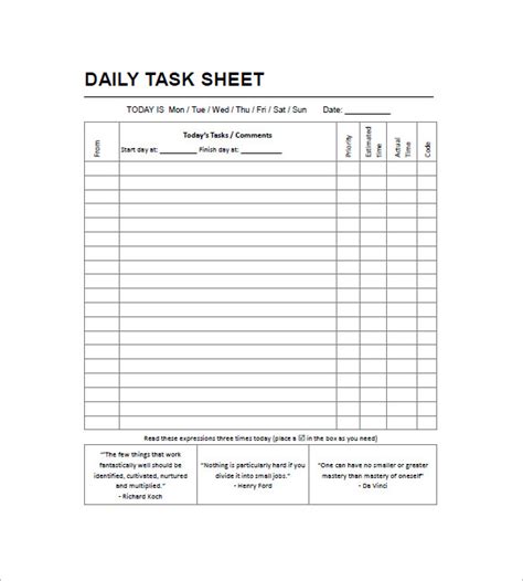 Printable Task List Sheet