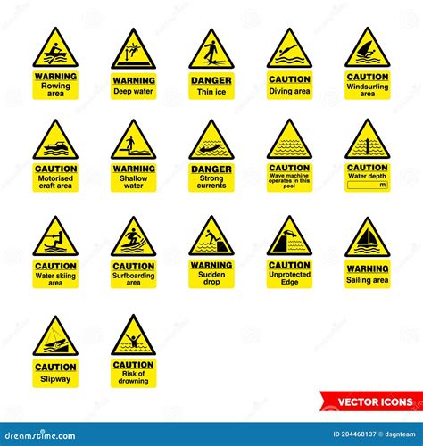 Water Safety Hazard Signs Icon Set of Color Types. Isolated Vector Sign ...