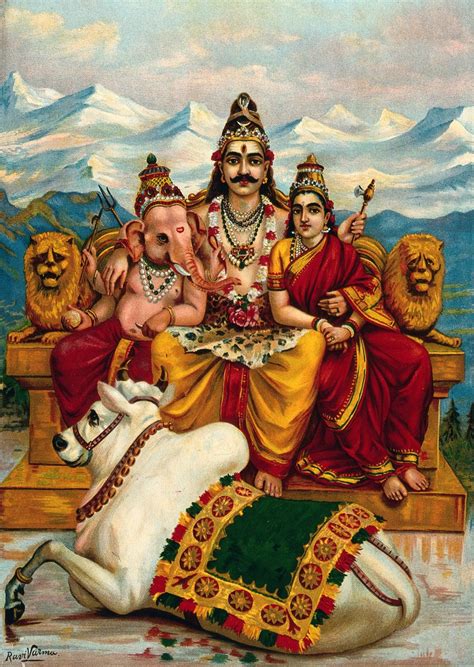 Shiva, Parvati and Ganesha enthroned on Mount Kailas with Nandi the ...