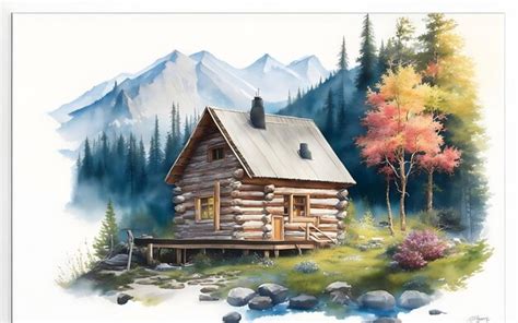 Premium Photo | Cabin in the Woods Watercolor Mountain Cabin white ...